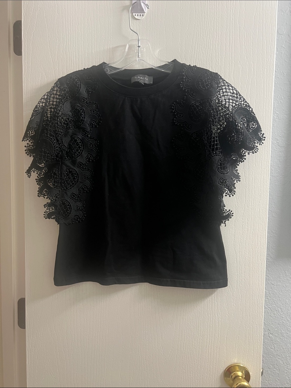 Gracia Black Tee with Lace Flutter Sleeves